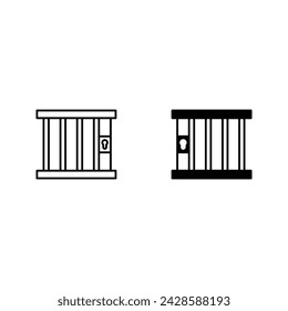 Prison icon. Hands holding prison bars. Silhouette criminal man behind bars color editable