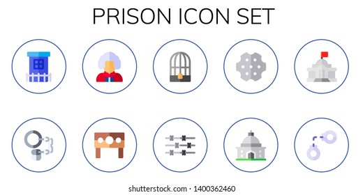 prison icon set. 10 flat prison icons.  Collection Of - Prison, handcuffs, judge, punishment, bird cage, barbed wire, revolver, government