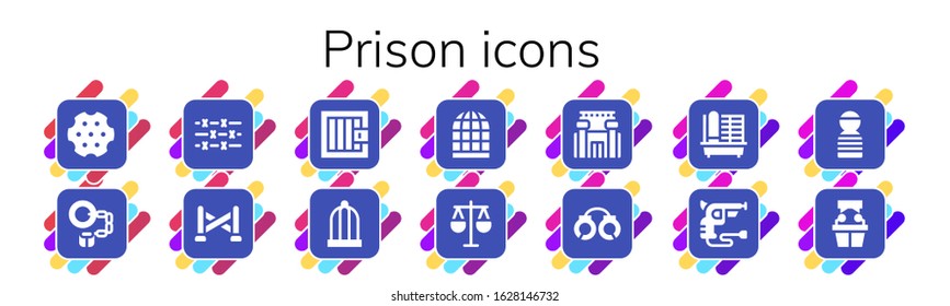 prison icon set. 14 filled prison icons. Included Revolver, Handcuffs, Barbed wire, Police line, Jail, Bird cage, Law, Prison, Cage, Prisioner, Witness icons