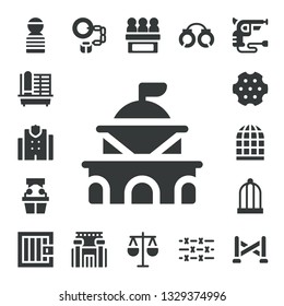 prison icon set. 17 filled prison icons.  Simple modern icons about  - Prisioner, Cage, Police station, Government, Witness, Revolver, Bird cage, Jail, Handcuffs, Prison, Jury