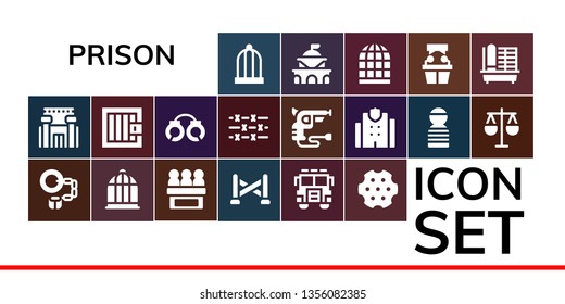 prison icon set. 19 filled prison icons.  Collection Of - Bird cage, Prison, Handcuffs, Jury, Police line, Revolver, Jail, Barbed wire, Police station, Prisioner, Law, Government