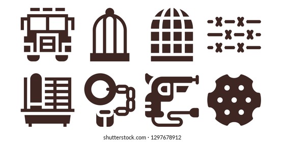  prison icon set. 8 filled prison icons. Simple modern icons about  - Cage, Jury, Handcuffs, Bird cage, Revolver, Barbed wire
