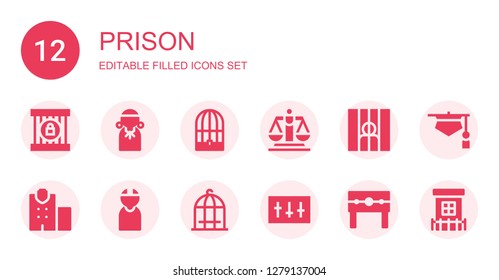 prison icon set. Collection of 12 filled prison icons included Jail, Judge, Bird cage, Justice, Prisoner, Police station, Criminal, Equalizer, Punishment, Prison