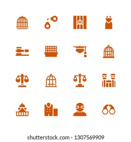 prison icon set. Collection of 16 filled prison icons included Handcuffs, Criminal, Police station, Government, Jail, Law, Bird cage, Justice, Judge, Cage, Prisoner