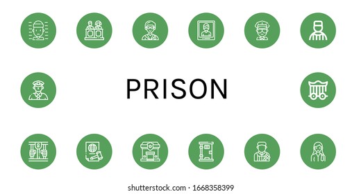 prison icon set. Collection of Prisoner, Jury, Lawyer, Arrest, Cop, Prison, Justice, Police station, Judge, Cage icons