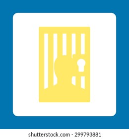 Prison icon. Vector style is yellow and white colors, flat rounded square button on a blue background.