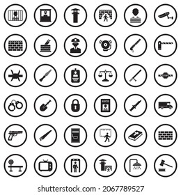 Iconos de prisión. Diseño Plano Negro En Círculo. Ilustración vectorial.