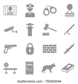 Prison Icons. Gray Flat Design. Vector Illustration. 