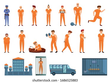 Prison icons set. Cartoon set of prison vector icons for web design