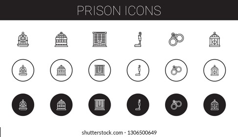 prison icons set. Collection of prison with bird cage, jail, legal, handcuffs, cage. Editable and scalable prison icons.