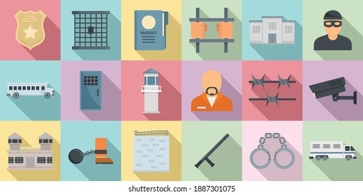 Prison icons set. Flat set of prison vector icons for web design