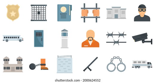 Prison icons set. Flat set of prison vector icons isolated on white background