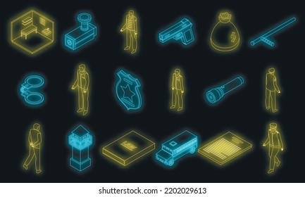 Prison icons set. Isometric set of prison vector icons neon color on black