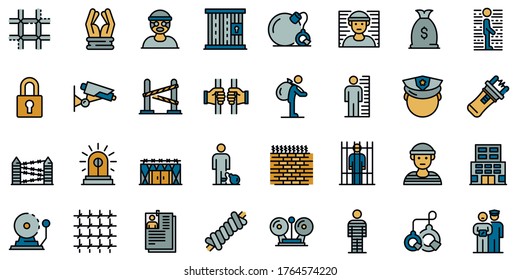 Prison icons set. Outline set of prison vector icons thin line color flat isolated on white