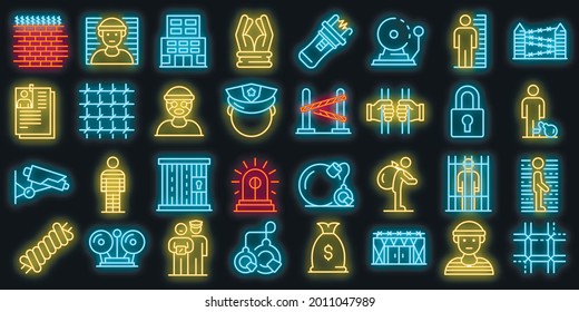 Prison icons set. Outline set of prison vector icons neon color on black