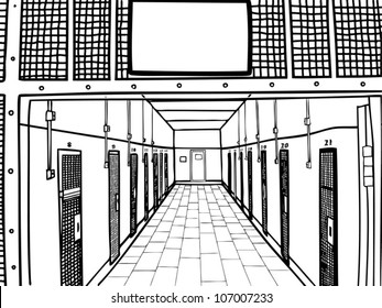 Prison or Industrial Hallway, black and white, lines
