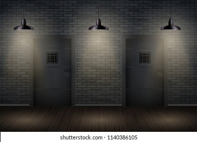 Prison interior with Metal Prison Jail cell doors and pendant lamps. Vintage jail and prison cell. Concept design for quest rooms and escape games. Vector Illustration.