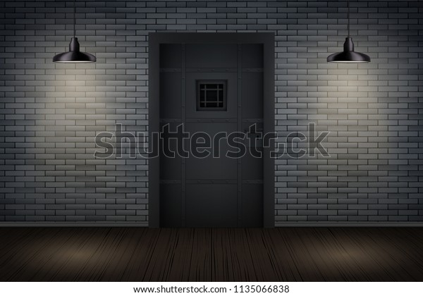 Prison interior with Metal Prison\
Jail cell door and lattice. Vintage jail and prison cell. Concept\
design for quest rooms and escape games. Vector\
Illustration.