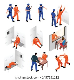 Prison isometric compositions set of arrested offenders guards inmates visitors investigator isolated vector illustration 