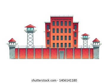 Prison, jail building fenced with guard observation posts on high fence with strained barbed wire and searchlights projectors on watchtowers cartoon vector illustration isolated on white background