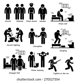 Prison Jail Convict Prisoner Inmates Guard Warden Stick Figure Pictogram Icons