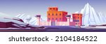 Prison, jail with fence, red brick walls and watchtowers in winter. Vector cartoon landscape with building for guard prisoners and criminal convicts, white mountains and snow