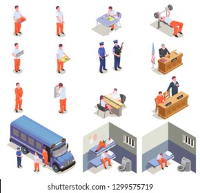 Prison jail isometric elements set with trial sentenced criminals transportation visitation cells gym guards isolated vector illustration