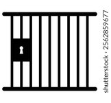 Prison or jail silhouette symbol. Metal cage with bars and lock. Crime justice or punishment icon. 