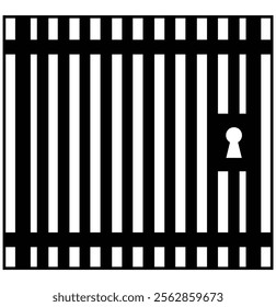 Prison or jail silhouette symbol. Metal cage with bars and lock. Crime justice or punishment icon. 