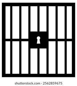 Prison or jail silhouette symbol. Metal cage with bars and lock. Crime justice or punishment icon. 