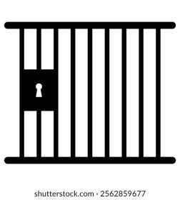 Prison or jail silhouette symbol. Metal cage with bars and lock. Crime justice or punishment icon. 