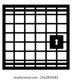 Prison or jail silhouette symbol. Metal cage with bars and lock. Crime justice or punishment icon. 