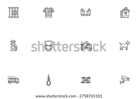 Prison and Law Enforcement Icon Set: Vector Thin Line Illustrations of Jail Cell, Handcuffs, Police Car, Security Camera, and Crime Related Symbols