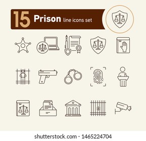 Prison line icon set. Courthouse, gun, criminal. Justice concept. Can be used for topics like arrest, investigation, punishment