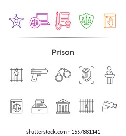 Prison line icon set. Courthouse, gun, criminal. Justice concept. Can be used for topics like arrest, investigation, punishment