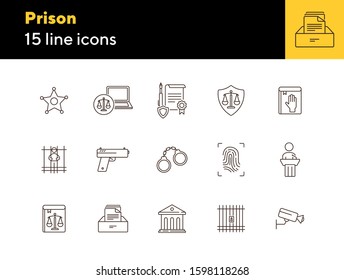 Prison line icon set. Courthouse, gun, criminal. Justice concept. Can be used for topics like arrest, investigation, punishment
