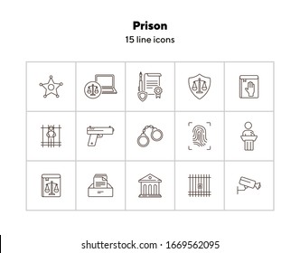 Juego de iconos de línea de prisión. Tribunal, arma, criminal. Concepto de justicia. Puede ser usado para temas como arresto, investigación, castigo