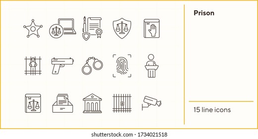 Prison line icon set. Courthouse, gun, criminal. Justice concept. Can be used for topics like arrest, investigation, punishment