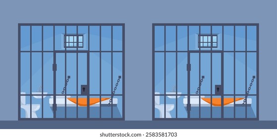 Prison metal bars. Prison cells interior. Iron jail cage. Template design for criminal or sentence.