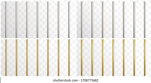 Prison metal bars set isolated on transparent background. Iron, steel and golden empty jail cage. Vector security prison pipe or stick border patterns
