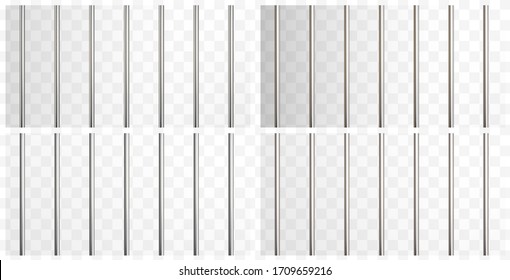 Prison metal bars set isolated on transparent background. Iron and steel empty jail cage. Vector security prison pipe or stick border patterns
