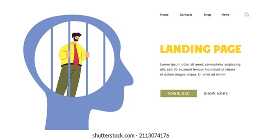 Prison of mind flat vector illustration. Abstract human head, struggling businessman imprisoned inside, human behind bars. Freedom of thoughts, slavery, depression, powerless spirit, obstacle concept