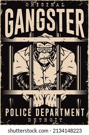 Prison Monochrome Vintage Poster With Handcuffed Gorilla Inmate In Cap And Jumpsuit Smoking Cigar In Jail, Vector Illustration