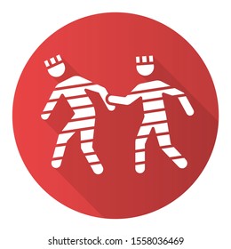 Prison rape red flat design long shadow glyph icon. Jailbreak of criminals. Abuse, violent behavior of prisoners. Sexual harassment in jail. Escaping prison. Vector silhouette illustration
