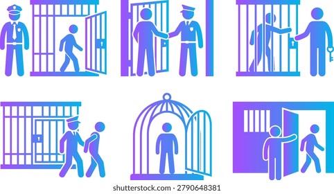 Prison release icons jail break police guard security prison door cage freedom transfer graphic.