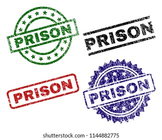 PRISON seal prints with damaged style. Black, green,red,blue vector rubber prints of PRISON text with retro style. Rubber seals with round, rectangle, rosette shapes.