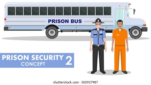 Prison security concept. Detailed illustration of prison bus, police guard and prisoner on white background in flat style. Vector illustration.