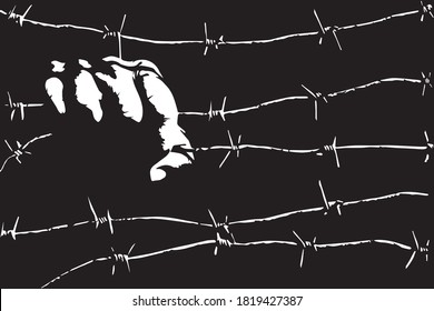 Prison, slavery, captivity, protest,rebel,concentration camp concept with a male hand holding barbed wires in the dark. Black and white vector illustration.