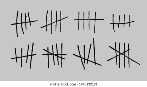 Prison symbols, Jail tally marks. Hand drawn Lines or sticks, strokes sorted by four and crossed out. Vector illustration.