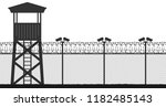 Prison tower, checkpoint, protection territory, watchtower, state border,military base. Street camera on the pillar. Fence wire mesh barbed wire, seamless vector silhouette